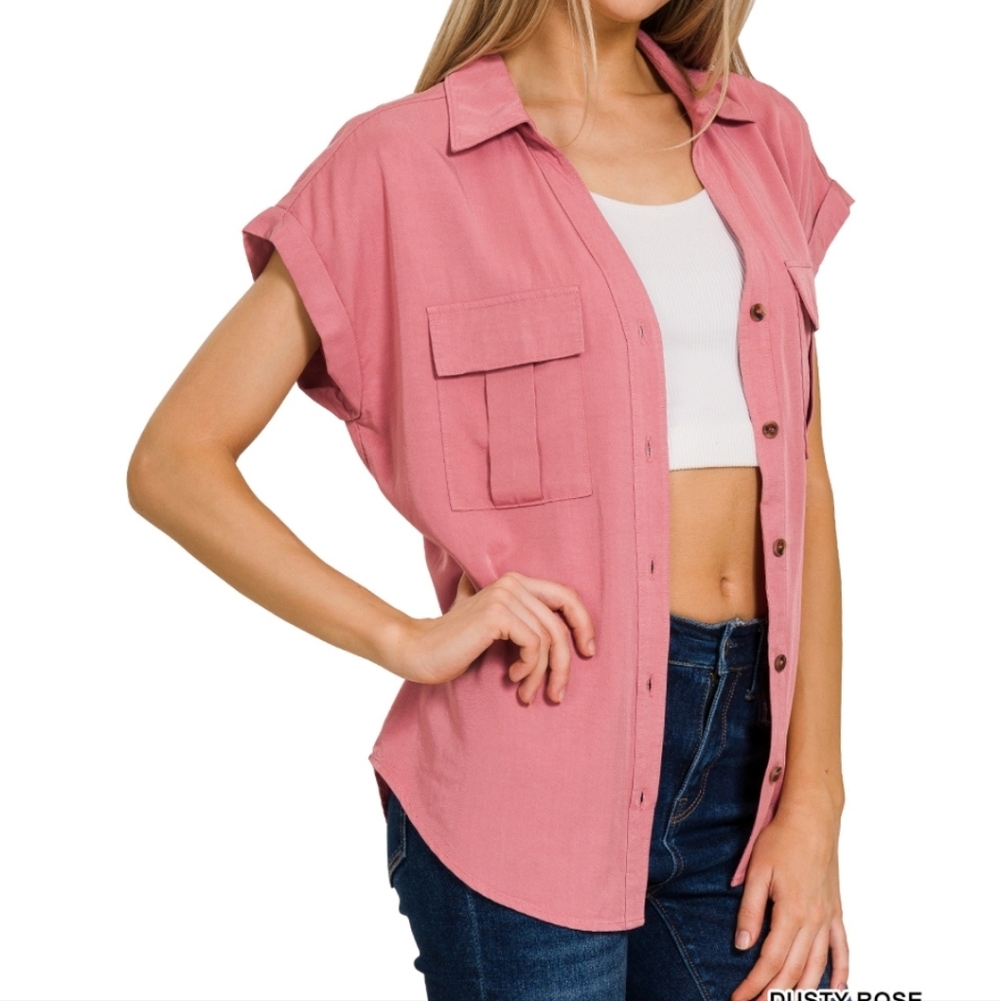 New Zenana Dusty Rose Button Down Top - Picture 2 of 2